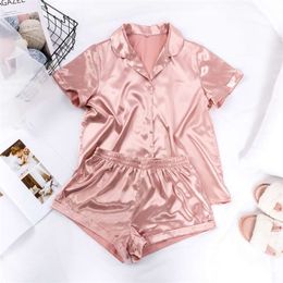 Suphis 5 Colors Satin Nightshirt With Shorts Nightwear Suit Silk Pyjama Short Sleeve Casual Pajama Sets Women Sleepwear Summer 210928