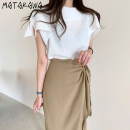 MATAKAWA High-waist Lace-up Irregular Women Skirt Side Slits Faldas Mujer Moda Korea Long Skirts for Women Solid Straight Skirt 210513