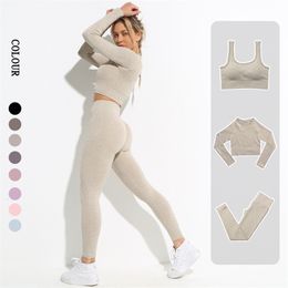 Gym Clothing Seamless Leggings Women Yoga Set Workout Clothes Female Athletic Wear Fitness Bra Long Sleeve Crop Top Sport Suit 210802