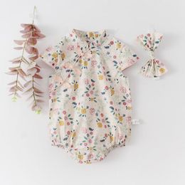 Chinese Style Kids Girls Floral Fashion Cheongsam Baby Girl Button Cute Princess Bodysuit Girls Casual Jumpsuit+ Headband 210413