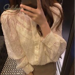 Summer Women White Lace Shirt Long Sleeve Vintage See Through Embroidery Female Blouse Tops 210415