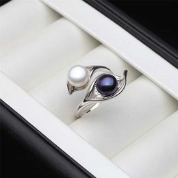 Wedding Real Natural Freshwater White Black Double Pearl Ring Boho Fashion Leaf 925 Sterling Silver Rings For Women 220207