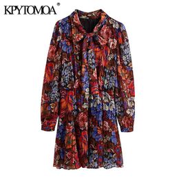 Women Fashion Floral Print Pleated Mini Dress Bow Tied Collar Long Sleeve With Lining Female Dresses Mujer 210420