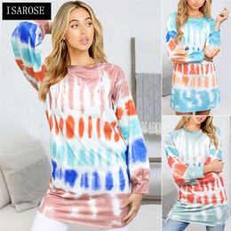 ISAROSE Rainbow Colour Streetwear Casual Long Tops Tie Dye Print O Neck Pullover Sweatshirts Spring Autumn Female Sports Garment 210422