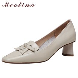 Meotina Natural Genuine Leather High Heels Women Shoes Dress Block Heel Shoes Fashion Square Toe Ladies Footwear Spring Beige 39 210608