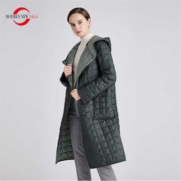 MODERN SAGA Women Coat Autumn Thin Cotton Padded Spring Long Jacket Hooded Parka Woman Quilted One Size 211013