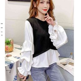 Spring Autumn Women's Shirt Korean Splicing Fake Two-piece Puff Sleeve Blouse Round Neck Loose Long Tops LL644 210506