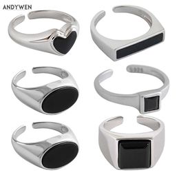 ANDYWEN 925 Sterling Silver European Black Zircon Little Finger Index Ring Geometric Irregular Resizable Big Jewellery 210608