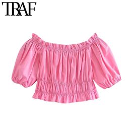 TRAF Women Fashion With Elastic Trims Cropped Blouses Vintage Puff Sleeve Female Shirts Blusas Chic Tops 210415