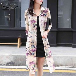 Summer Sun Protection Women Long Blouses Super Thin Floral Chiffon Cardigan Half Sleeve Loose Flower Print Blouse Shirts 4152 210427