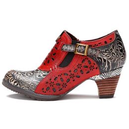 Zapatos de vestir Vintage Cuero genuino Mujeres Hallow Out Chunky Heel Bombas Elegancia Cremallera Tobillo Boot Bohemio