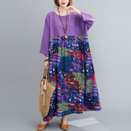 Oversized Women Cotton Linen Long Dress New Arrival Spring Vintage Style Patchwork Print Loose Female Casual Dresses S3087 210412