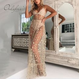 Summer Women Sexy Long Beach Spaghetti Strap Stars Print Transparent Sleeveless Mesh Maxi Dress 210415