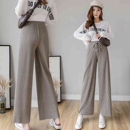 women knitting wide leg pant autumn winter fashion loose casual trousers pleated high waist elastic knitted s 210423