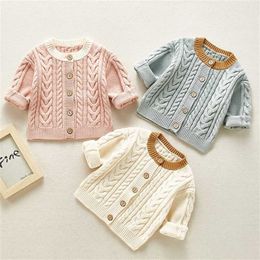 Autumn Korean Style Kids Handmade Knitted Clothes Baby Knitted Sweater Coat Baby Boys Girls Solid Cardigan Sweater Baby Tops 211106