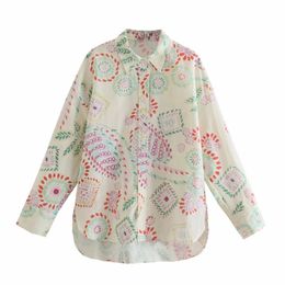 Summer Women Flower Printing Side Slit Linen Blouse Female Long Sleeve Shirt Casual Lady Loose Tops Blusas S8853 210430