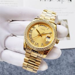 Famous Brand Women Automatic Mechanicial Watch Full Diamond CZ All Gold Roman Number Dial Wristwatch 36mm Date Watches Men