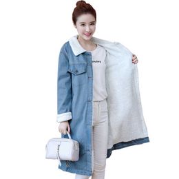 Loose Plus Size 2XL Jeans Jacket Women Long Jea Coat women windbreaker Winter Lamb Fur Denim Park For 210531