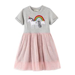 Jumping Meters Top Brand Unicorn Princess Tutu Dresses Cotton Animals Girls Clothing Summer Lace Rainbow Kids Dress 210529