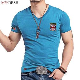 MYDBSH Brand Fashion V Neck Men T Shirt Casual Elastic Cotton Male Slim Fit Tshirt Man Embroidery England Flag T-Shirts Clothing 210409