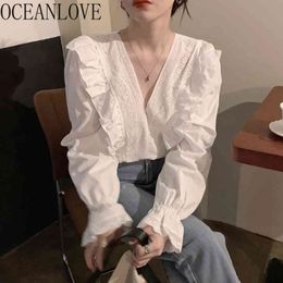 Ruffles Blusas Mujer Solid Retro Flare Sleeve Spring Shirts Tops Office Lady Elegant Fashion Woman Blouses 19590 210415