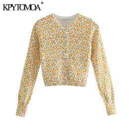 KPYTOMOA Women Fashion Floral Jacquard Cropped Knitted Cardigan Sweater Vintage Long Sleeve Female Outerwear Chic Tops 210922