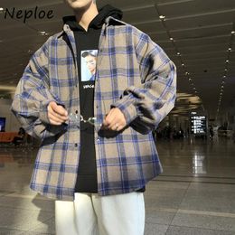 Neploe Turn-down Collar Chic Panelled Plaid Shirt Hong Kong Style Fashion All-match Loose Jacket Casual Plus Size Blouse Coat 210423
