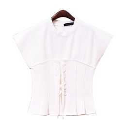 Women Chiffon White Stand Collar Lace Up Solid Short Sleeve Blouse Shirt Top B0216 210514
