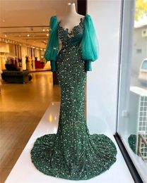 Payetler avcı yeşil deniz kızı gece elbise boncuklu pileler artı boyutu resmi balo elbisesi vestidos de fiesta Arap kadınlar için 322