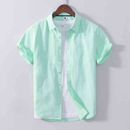 Green Short Sleeve Shirt for Men Pure Cotton Turn-down Collar Casual Tops Male Summer New Solid Colour Classic Clothing 210421