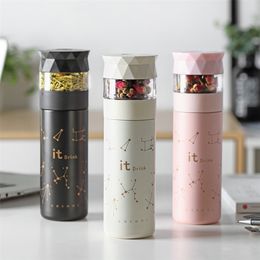 Creative Stainless Steel Thermos Cup Vacuum Flask Heat Preservation Tea Strainer Separation Infuser With Button Portable Mug 210809
