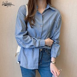 Casual Plus Size Woman Shirt Full Stripe Women Tops Blouse Autumn Blue Cardigan Loose Office Lady Clothes with Button 10429 210527