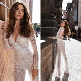 Bohemian 2021 Jumpsuits Wedding Dresses Lace Appliqued Bridal Gowns Deep V Neck Beaded Crystal Boho Backless Robes De Mariée