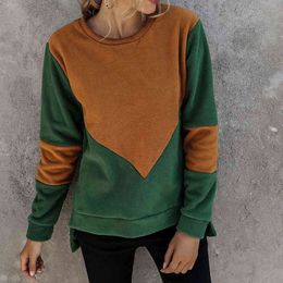 Autumn and Winter Women's Long-Sleeved O Neck Fleece sweatshirts Colour Stitching Sweater Top hoodies Women sweatshirts 210514