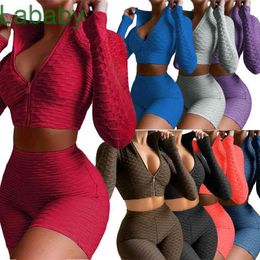 Women Tracksuits Two Pieces Set Deisgner Slim Sexy Tight Solid Colour Long Sleeve Zipper Coat Shorts Leisure Yoga Sports Suit 8 Colours