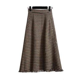 Women Brown Elastic Waist Pocket Midi Skirt Pleated Tassel Houndtooth Winter Autumn Elegant Think Knitted Casual S0180 210514