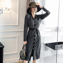 Autumn V neck Single-breasted Knit Dresses Women knitting Long sleeve High waist Korea Chic Female Sweater Dresses 210514