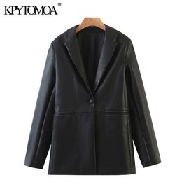 KPYTOMOA Women Fashion Faux Leather Single Button Blazers Coat Vintage Long Sleeve Pockets Female Outerwear Chic Tops 211122