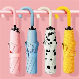 U-shaped handle Pocket Mini Umbrella Anti UV Paraguas Sun Rain Windproof 3Folding Portable s for Women Children 210721