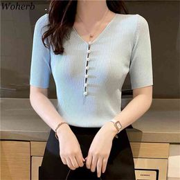 Pearl Button V Neck T Shirts Women Summer Casual Basic Short Sleeve Knitted Tops Fashion Elegant Thin Sweater Shirt 210519