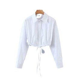 Casual Women Turn-Down Collar Bow Blouse Spring-autumn Fashion Ladies High Street Shirt Female Cotton Tie Short Top 210527