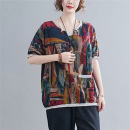 Oversized Women Summer Loose Casual T-shirts New Simple Style Vintage Print V-neck Female Cotton Linen Tops Tees S3448 210412