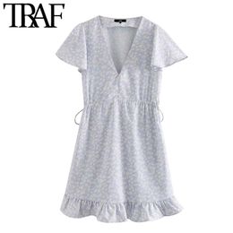 TRAF Women Elegant Fashion Floral Print Ruffled Mini Dress Vintage Short Sleeve Adjustable Tied Female Dresses Vestidos 210415