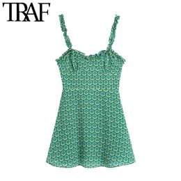 TRAF Women Chic Fashion Floral Print Ruffled Mini Dress Vintage Black Elastic With Lining Straps Female Dresses Mujer 210415