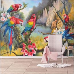 beibehang Wallpaper custom living room murals Mediaeval hand-painted tropical forest Colour parrot background wall painting