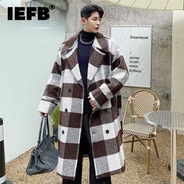 IEFB High Quality Korean Design Woollen Coat Men's Vintage Plaid Double Breasted Thick Autumn Winter Long Tweed Coat 9Y9873 211122