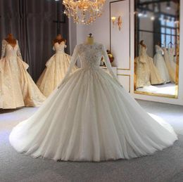 Sparkly Princess Ball Gown Wedding Dresses Beads Sequin Jewel Neck Appliques Long Sleeve Bridal Gowns Illusion 3D Floral Bride Dress