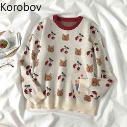 Korobov New Korean Women Sweaters Vintage Cartoon Embroidery Sueter Mujer Harajuku Thick Hit Color Female Pullovers 210430