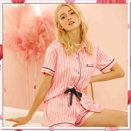Spring And Summer Women's Pajamas Suit Short-Sleeved Home Clothes Pink Striped Sexy Cute 210830