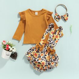 Clothing Sets 3Pcs Baby Girls Clothes Ruffle Long Sleeve Rib Knit Tops + Floral Suspender Shorts Overalls Headband Summer Fall Outfits